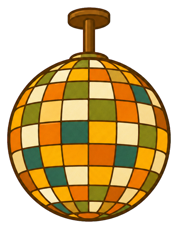 Groovy disco ball sticker with colorful mirrored panels and a hanging top.