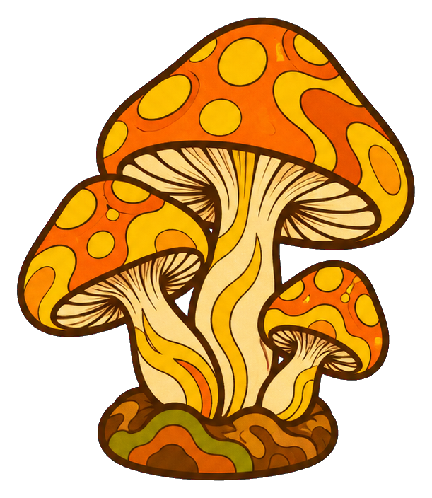 Three groovy mushrooms with orange caps and retro 70s styling