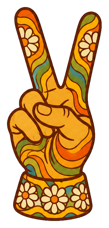 A groovy hand making a peace sign with flower power patterns and retro swirls