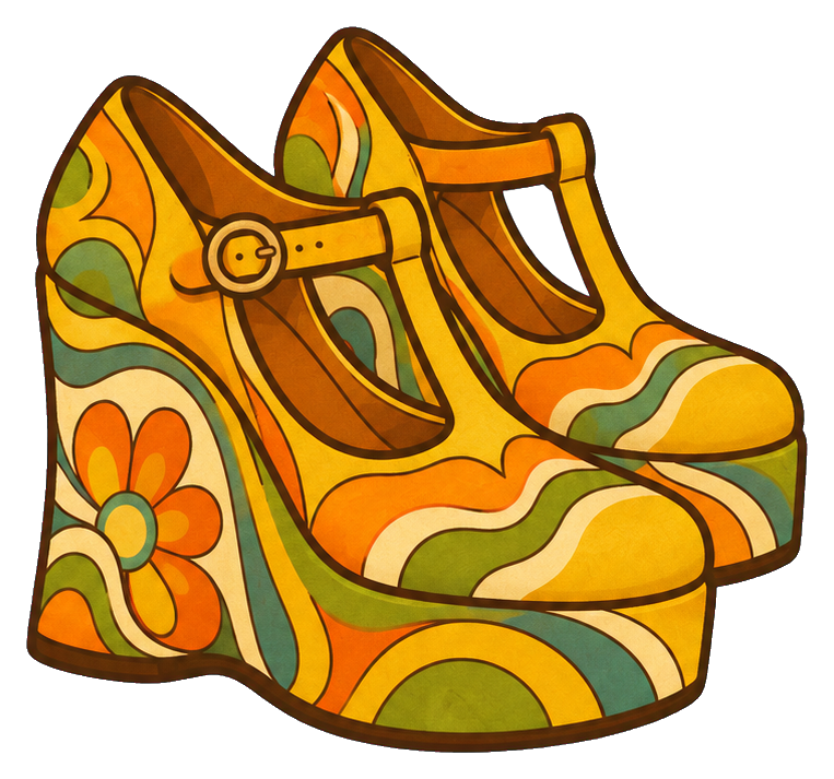 Pair of retro platform shoes with swirling orange, yellow, and green floral patterns.