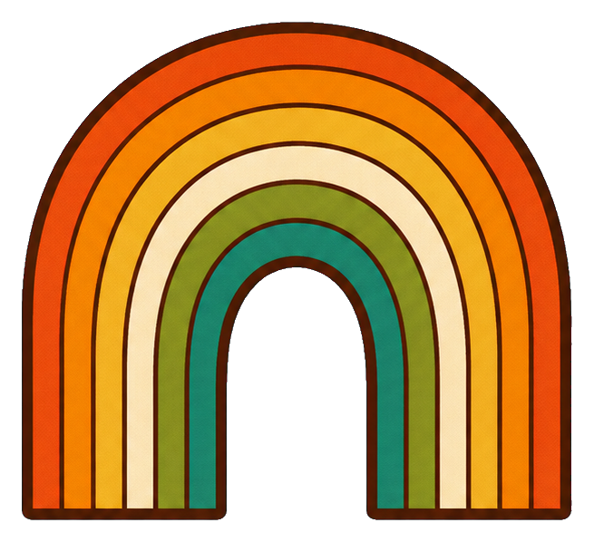 Retro rainbow arch sticker with orange, yellow, cream, and teal bands
