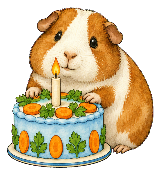 A guinea pig sitting beside a blue birthday cake with a lit candle.