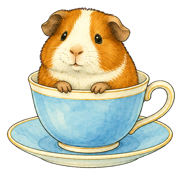 A cute guinea pig sitting in a blue teacup and saucer illustration