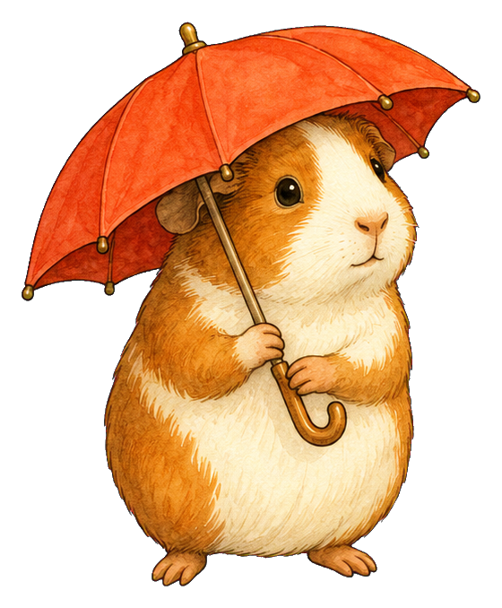 A cute guinea pig holding an orange umbrella in a vintage storybook style.