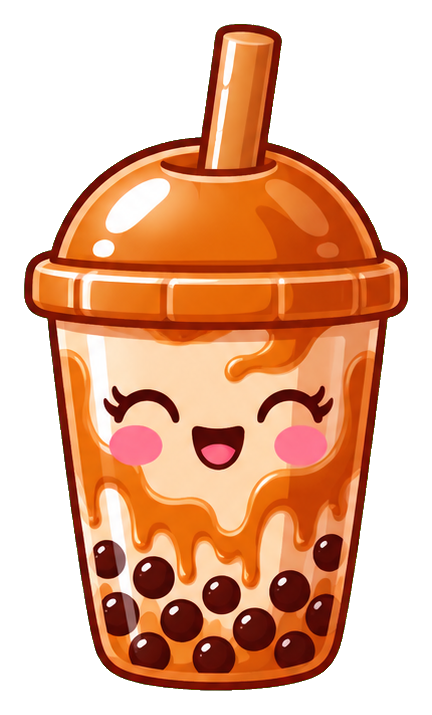 Cute smiling boba tea cup with orange drink, tapioca pearls, and whipped topping