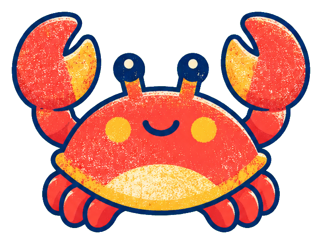 Cute happy coral crab with raised claws and a smiling face.