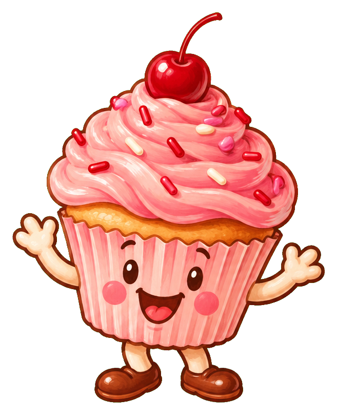 Smiling cupcake character with pink frosting, sprinkles, and small shoes with raised arms
