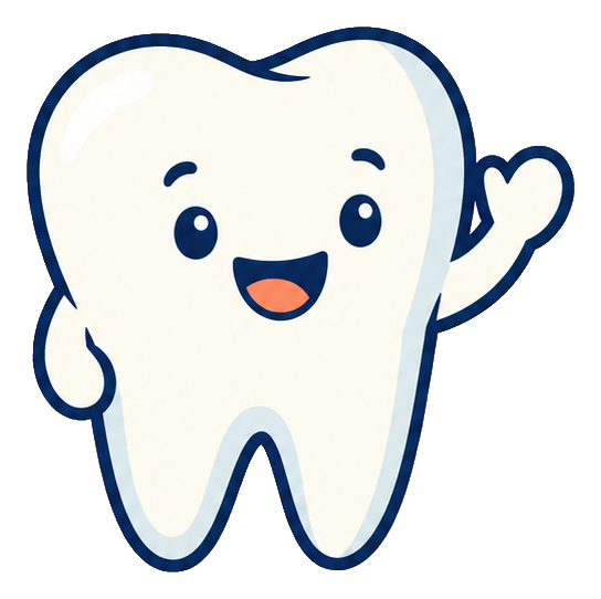 Cute smiling tooth with raised arms and a friendly face.