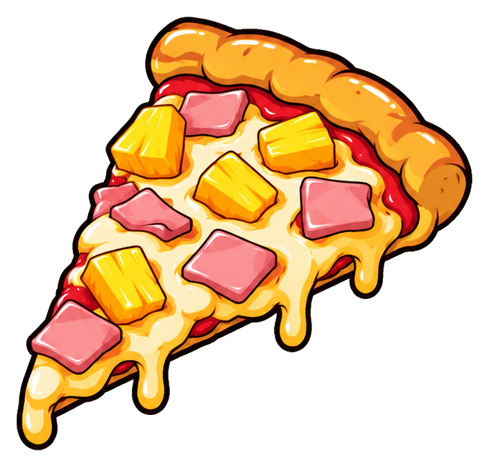 Cartoon Hawaiian pizza slice with pineapple and pink toppings melting over the crust