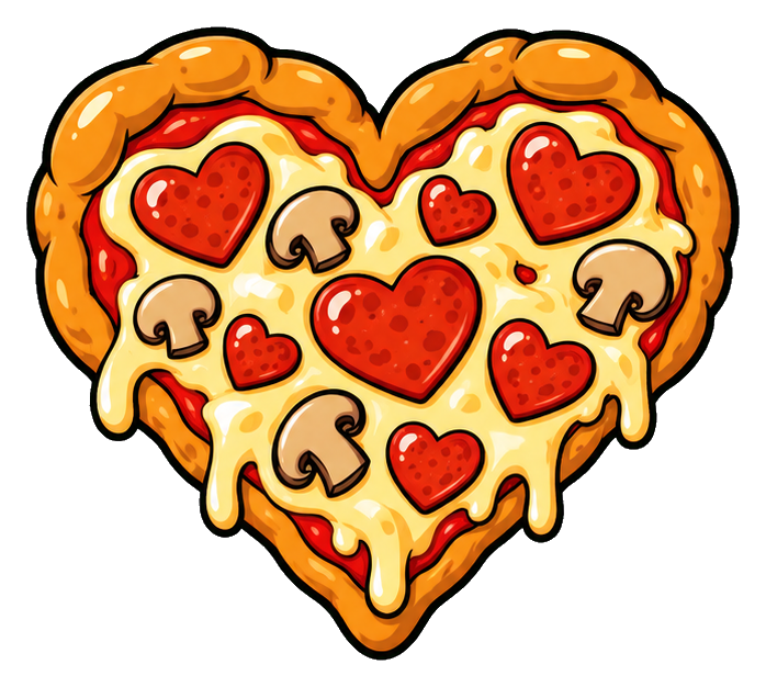 Heart-shaped pizza with pepperoni and hearts in a cartoon sticker style