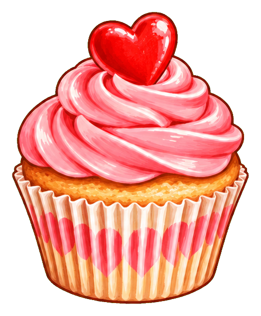 Pink frosted cupcake with a red heart topper and striped wrapper