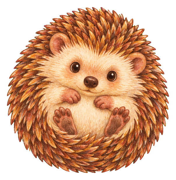 A cute hedgehog curled up in a round ball with warm brown spines.
