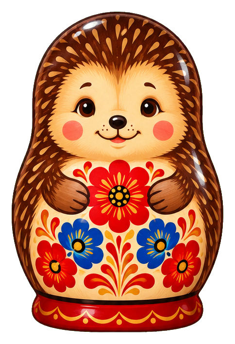 Cute hedgehog inside a floral matryoshka doll with red and blue flowers