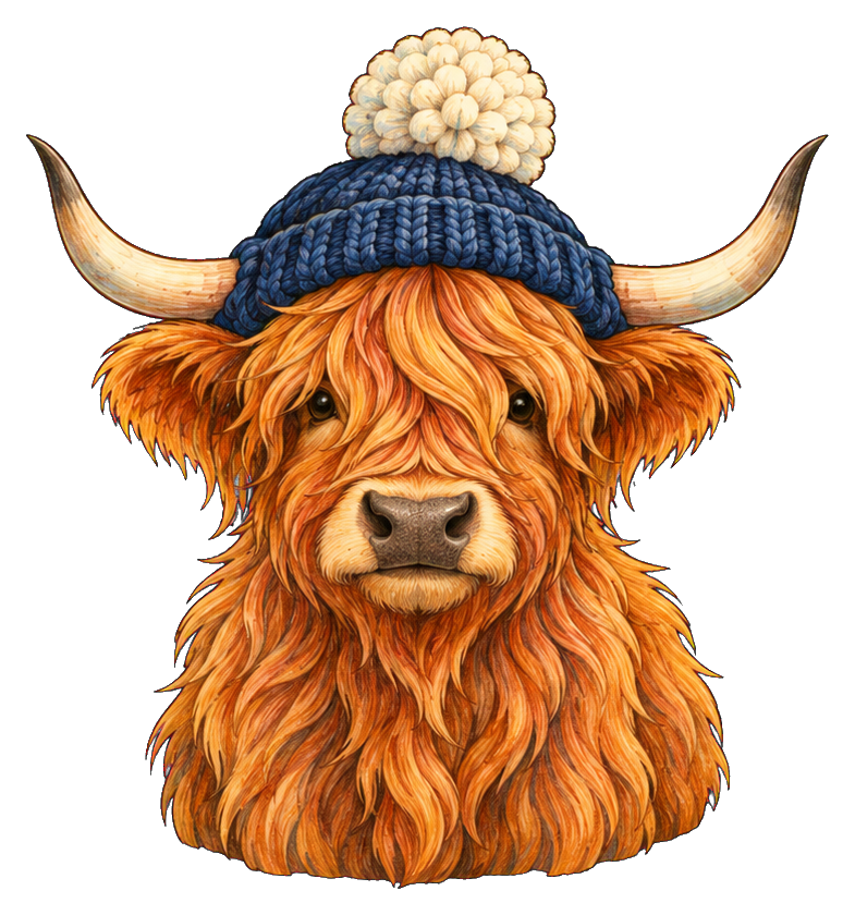 A fluffy highland cow wearing a blue knit beanie with orange horns and shaggy fur.