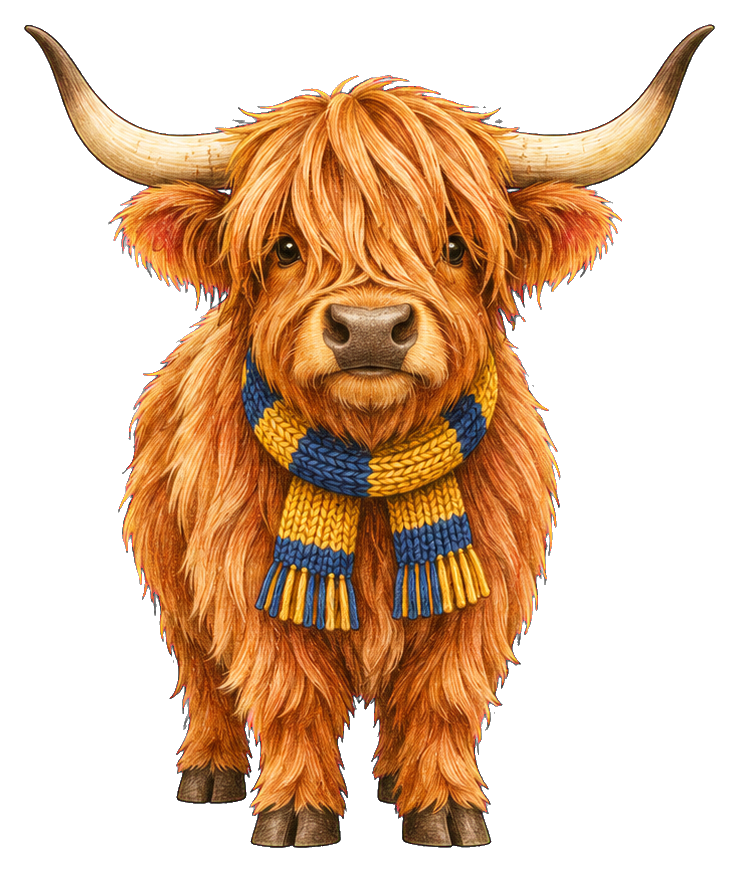 Fluffy highland cow wearing a striped scarf and facing forward