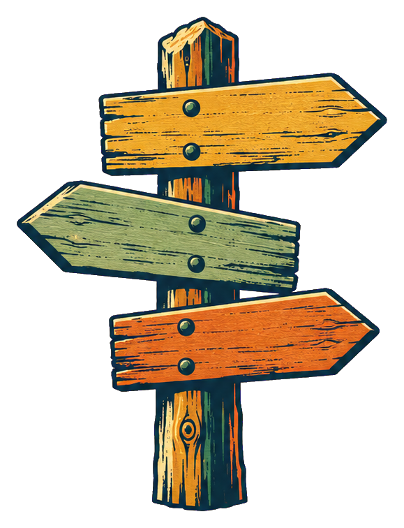 Wooden hiking signpost with three directional arrows in yellow, green, and orange