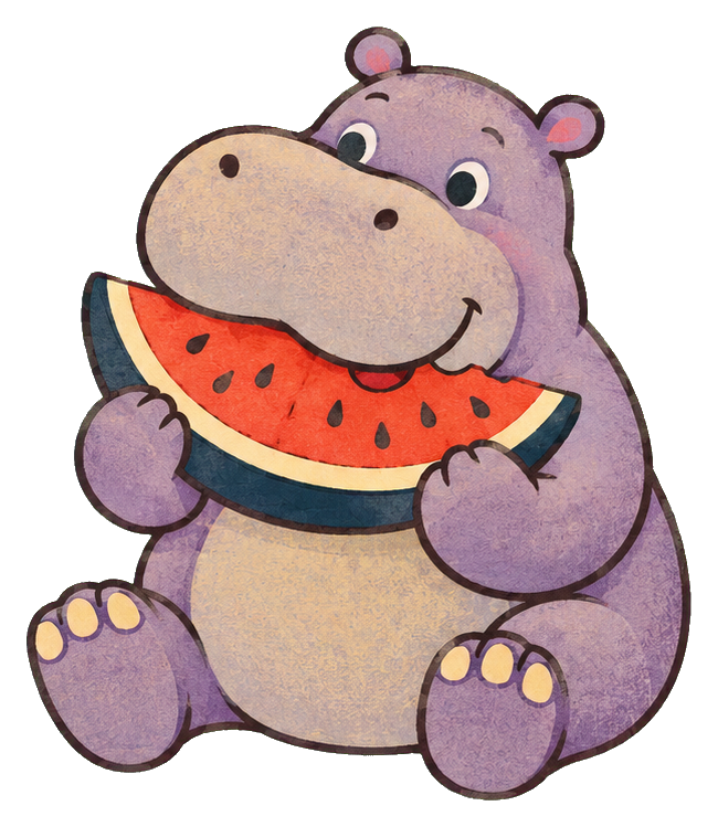 Cute purple hippo sitting and holding a slice of watermelon.