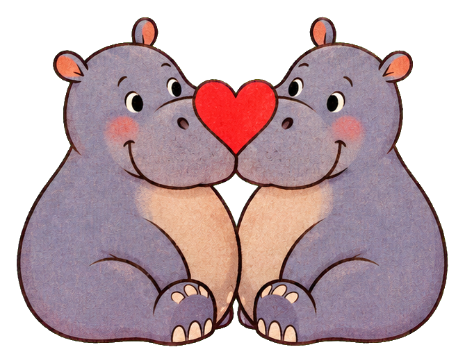 Two cute hippos facing each other with a red heart between them