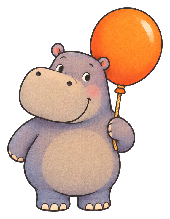 Cute gray hippo holding an orange balloon and smiling.