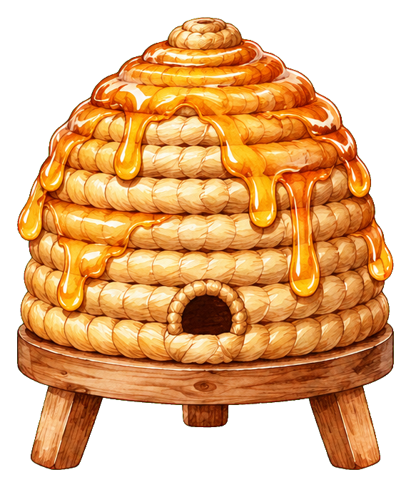A golden straw beehive with honey dripping over the top on a wooden stand.