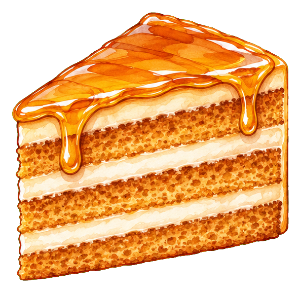 Illustrated slice of honey cake with dripping glaze and layered sponge