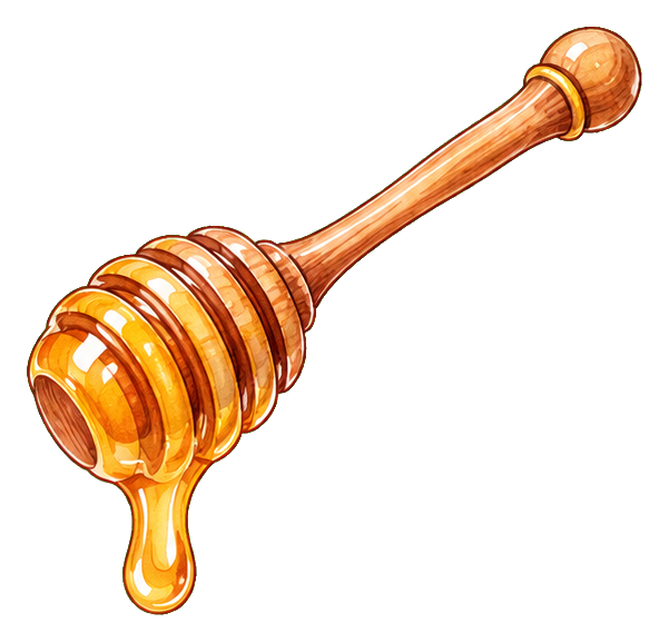 Wooden honey dipper with golden honey dripping from the end