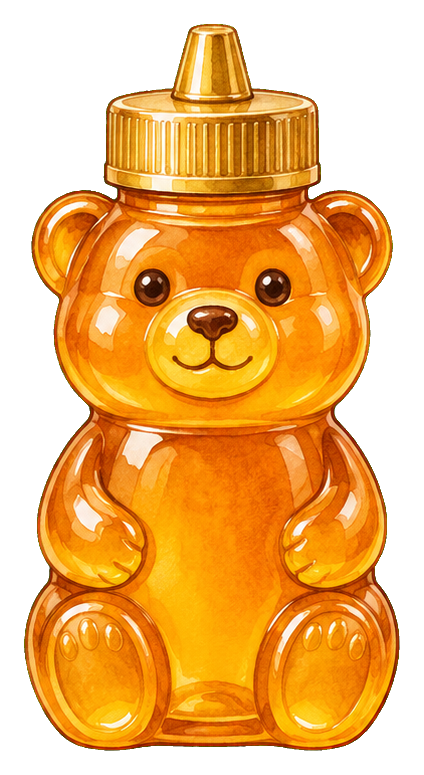 Honey-colored bear-shaped squeeze bottle with a cap and smiling face