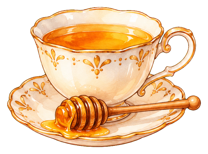 An illustrated teacup and saucer with honey and a honey dipper beside it