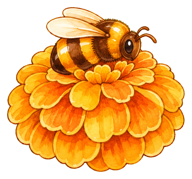 A honeybee resting on a bright orange marigold flower sticker.