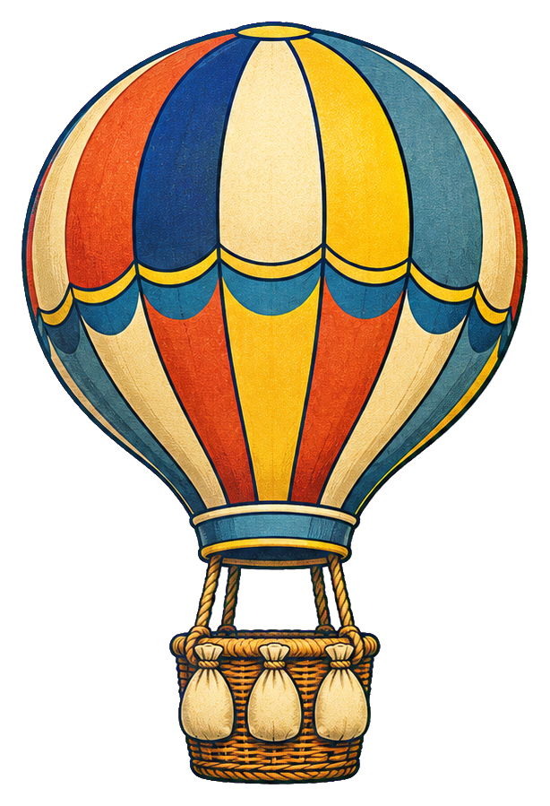 Vintage hot air balloon with striped envelope and sandbags hanging below.