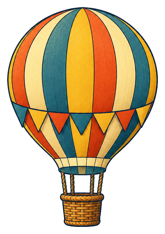 Vintage hot air balloon with colorful bunting flags and a woven basket.