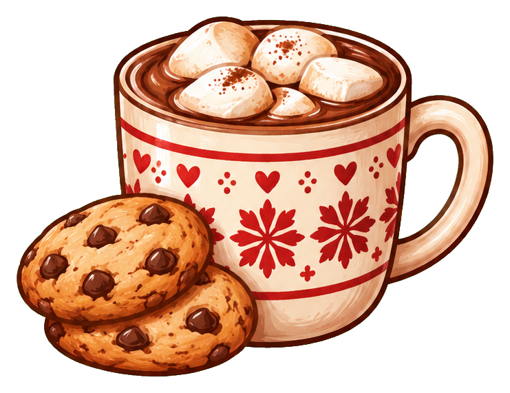 A mug of hot cocoa topped with marshmallows beside two chocolate chip cookies.