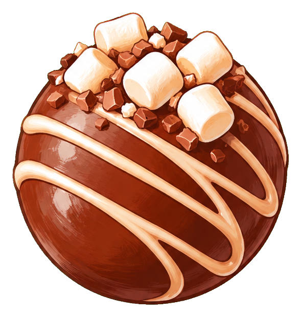 Hot cocoa bomb topped with marshmallows and drizzled with chocolate.
