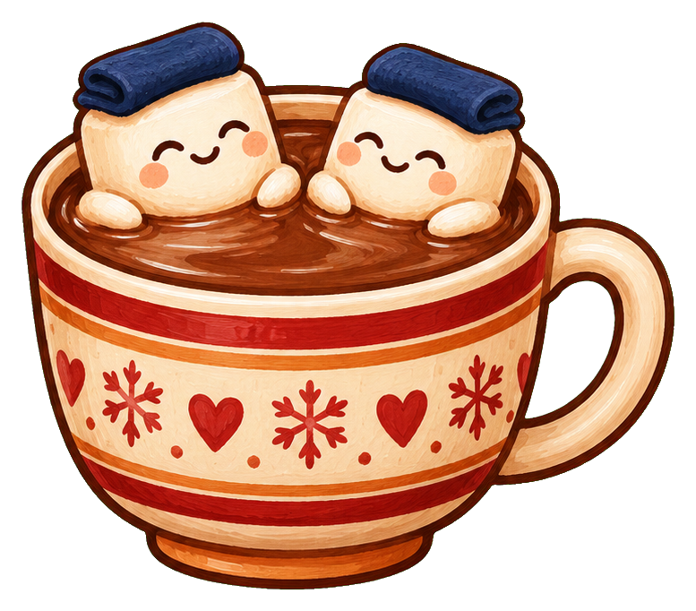 Cute hot cocoa mug with two smiling marshmallows relaxing in whipped topping.