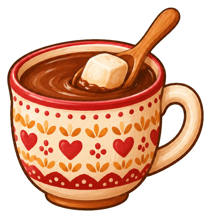 A mug of hot cocoa with a spoon stirring a marshmallow on top