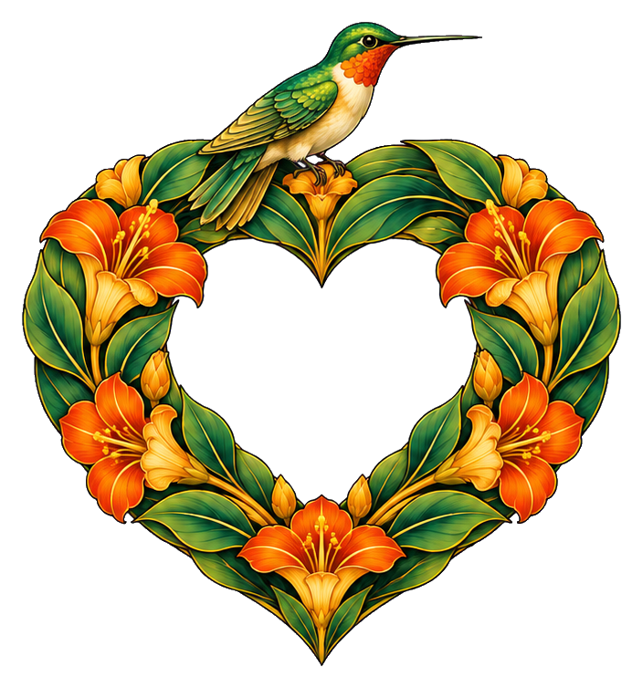 Hummingbird perched on a floral heart wreath with orange flowers and green leaves