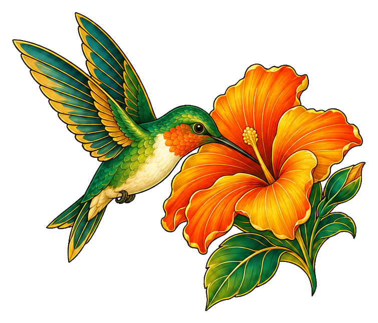 Hummingbird hovering beside a bright orange hibiscus flower with green leaves