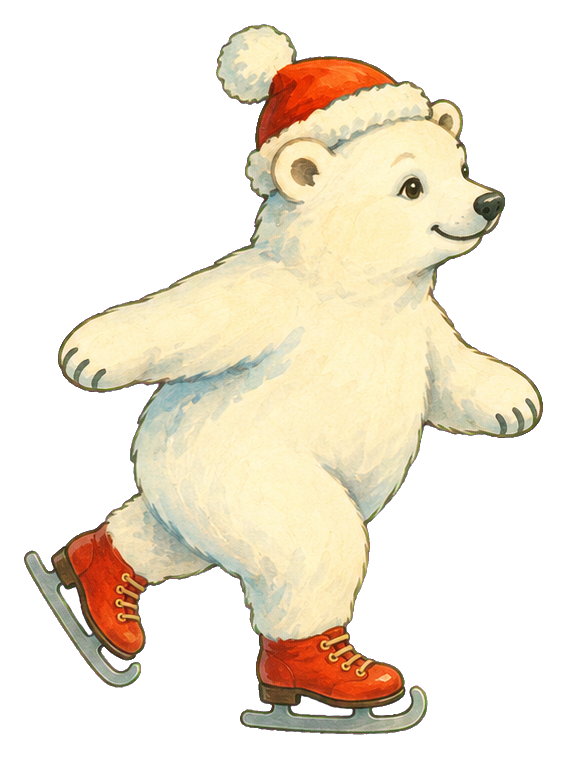 Cute polar bear wearing red skates and a Santa hat while ice skating