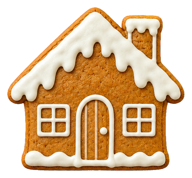 Iced gingerbread house with white frosting roof, windows, door, and chimney