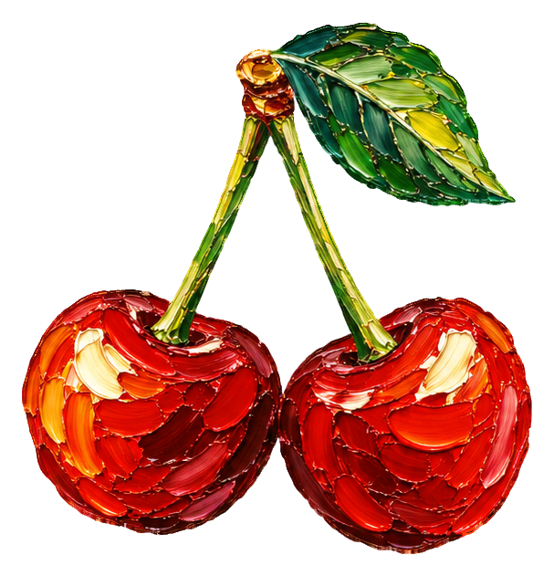 Two glossy red cherries with a green stem and leaf in impasto style