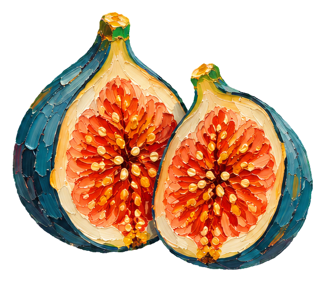 Impasto-style fig cut in half with orange-red seeds and teal blue outer skin.