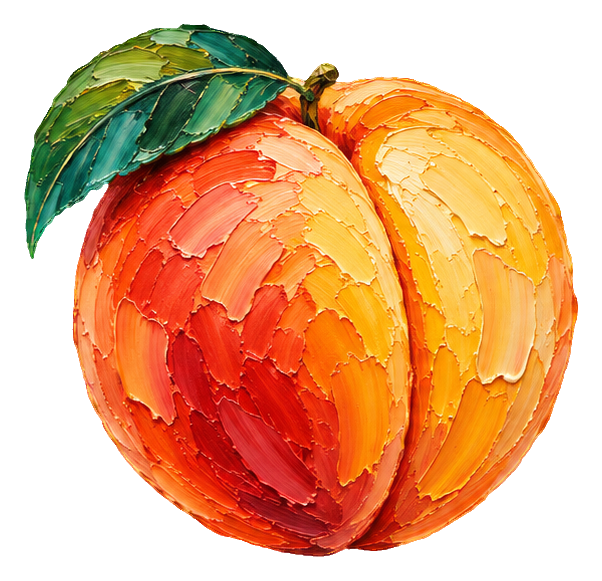 Textured impasto-style peach with orange and yellow brushstrokes and a green leaf.