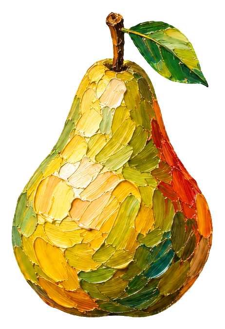 Textured painted pear with a green leaf in warm yellow and orange tones