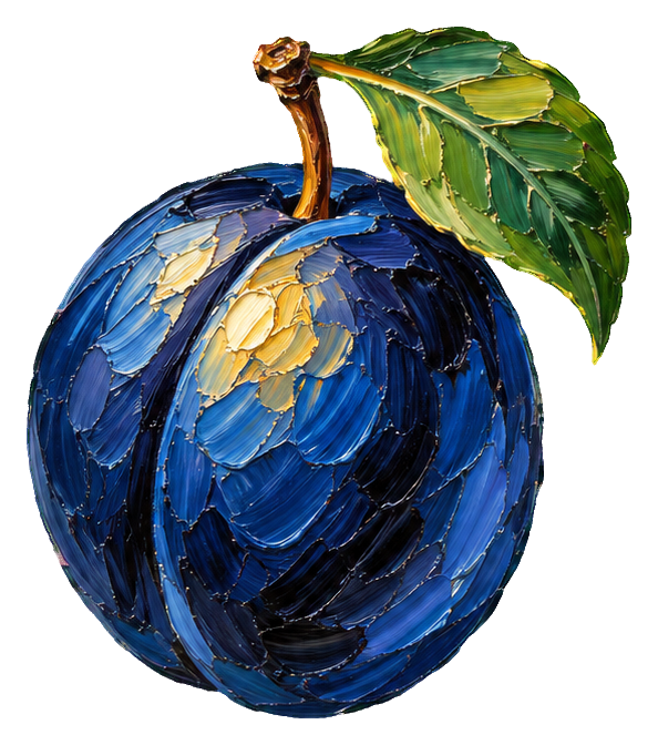Blue plum with a green leaf in thick impasto paint style