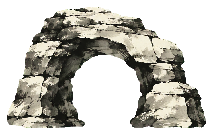 Black and gray ink wash style mountain arch with a hollow center and rocky texture.