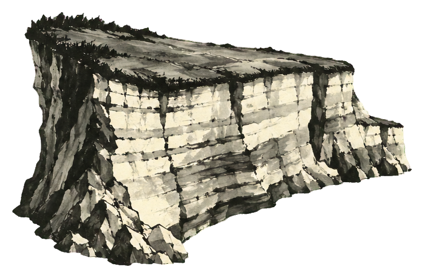 Ink wash style mountain cliff with layered rocky face and coastal edge