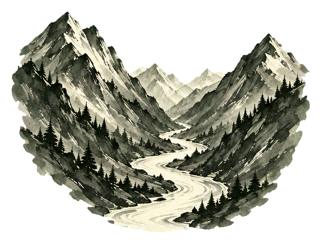 Ink wash style mountains framing a winding river valley.