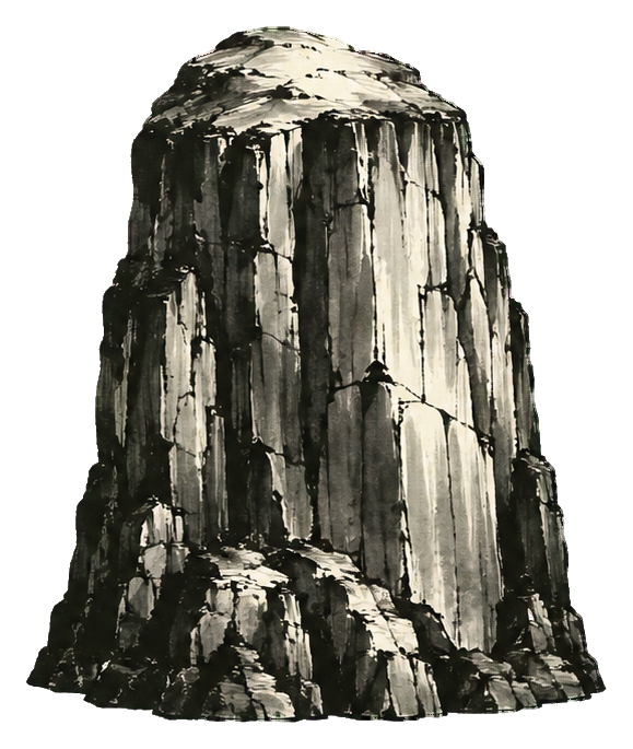 Black ink wash illustration of a tall rocky sea stack mountain.