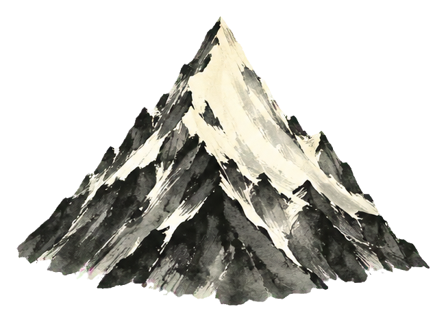 Black and white ink wash mountain with a snowy peak.