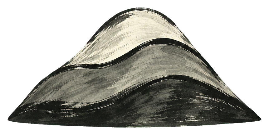 Black ink wash mountain with a rounded hill and light snow-covered peak.